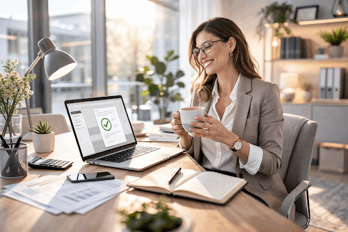 Frau lässt Bewerbungsschreiben erstellen und ist glücklich mit dem Ergebnis