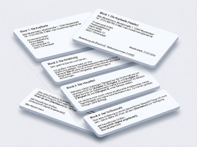 Bewerbungsschreiben im Querschnitt: Foto exemplarisch wie ein Anschreiben für eine Bewerbung aufgebaut sein sollte von Kopfzeile über Hauptteil bis Schluss.