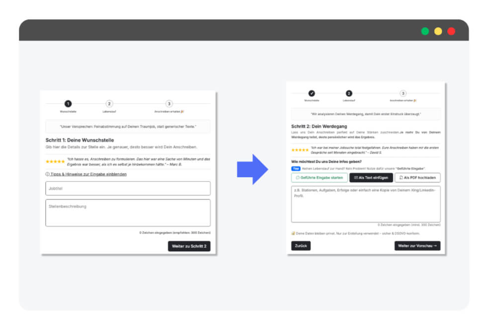 Prozess zur Erstellung eines Bewerbungsschreibens mit KI bei 12bewerbung