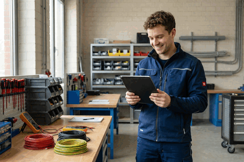 Elektroniker freut sich über seinen neuen Job in einer neuer Werkstatt dank 12Bewerbung