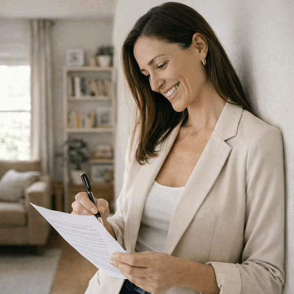 Frau bereitet sich auf ihr Vorstellungsgespräch vor, welches sie dank der Bewerbungsunterlagen durch 12Bewerbung erhalten hat