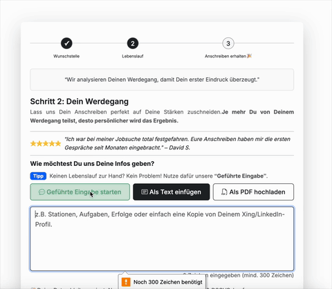 Schritt 2. Dieses gif/video zeigt wie du bei 12Bewerbung deinen Werdegang per Chatbot eingibst oder deinen Lebenslauf hochlädst.