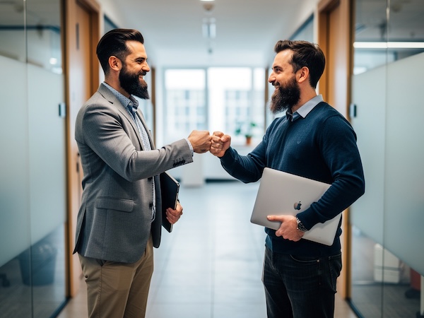 Zwei IT-Profis mit Vollbart geben sich in einer kollegialen Geste einen Fist Bump, während sie jeweils einen Laptop unter dem Arm tragen. Modernes Büroumfeld.