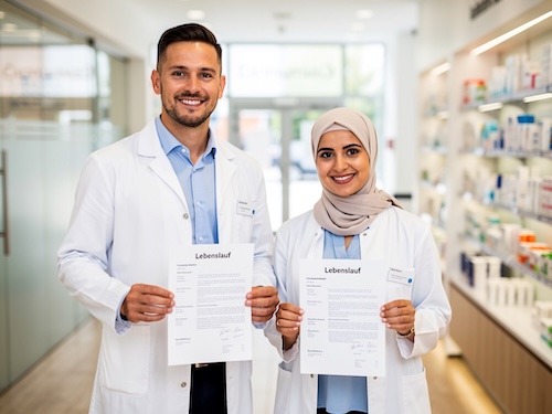 Foto eines lächelnden Mannes und einer lächelnden Frau (Apothekenmitarbeiter:innen) mit Lebensläufen in den Händen. Modernes, professionelles Setting in einer typischen Apotheke in Deutschland.