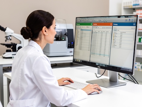 Apothekerin bedient am Computer apotheken-spezifische Software (Pharmis, Awinta, Prokas) und zeigt Umgang mit Laborgeräten. Professionelles, helles Apothekenumfeld.