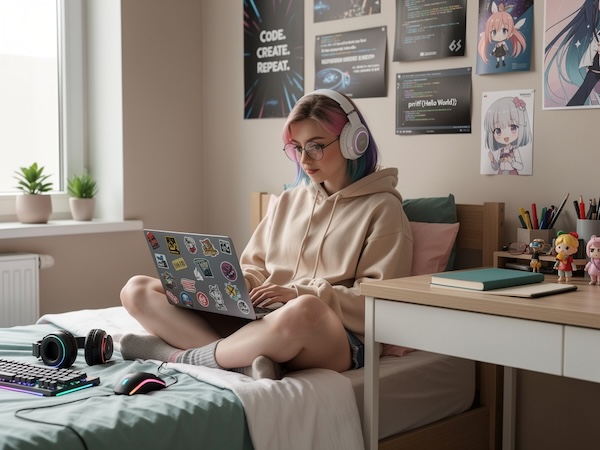 Eine junge IT-Programmiererin im lässigen "e-girl"-Stil schreibt konzentriert ihren Bewerbungsbrief in einem sauberen, modernen Schlafzimmer mit Laptop und inspirierenden Details.