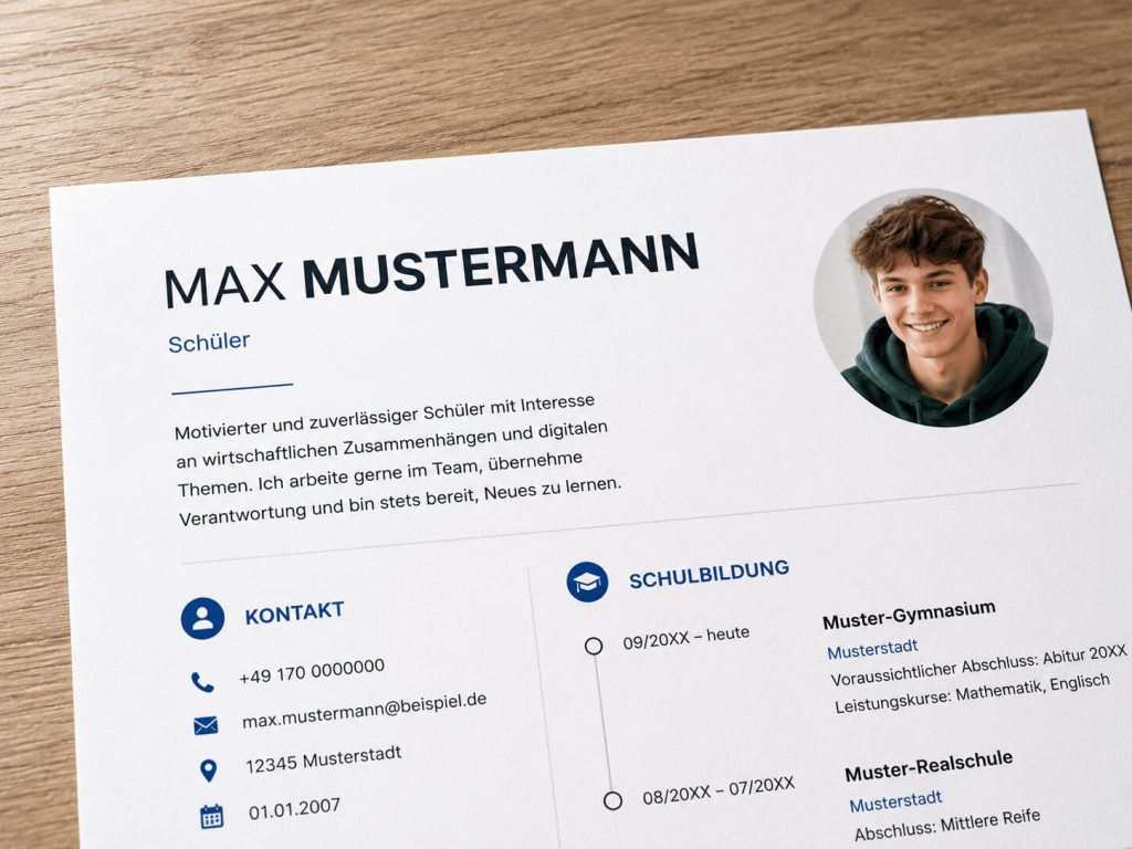 Kopfzeile im Schüler Lebenslauf mit Name, Kontaktdaten und Bewerbungsfoto