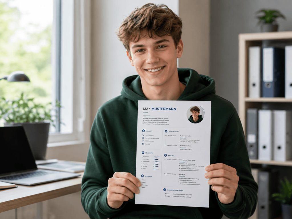 Schüler hält fertigen Lebenslauf — selbstbewusst und gut auf die Bewerbung vorbereitet